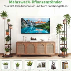 6-stufiges Pflanzenständer mit LED-Beleuchtung & Rollen Blumenständer Pflanzenregal Rustikal Braun
