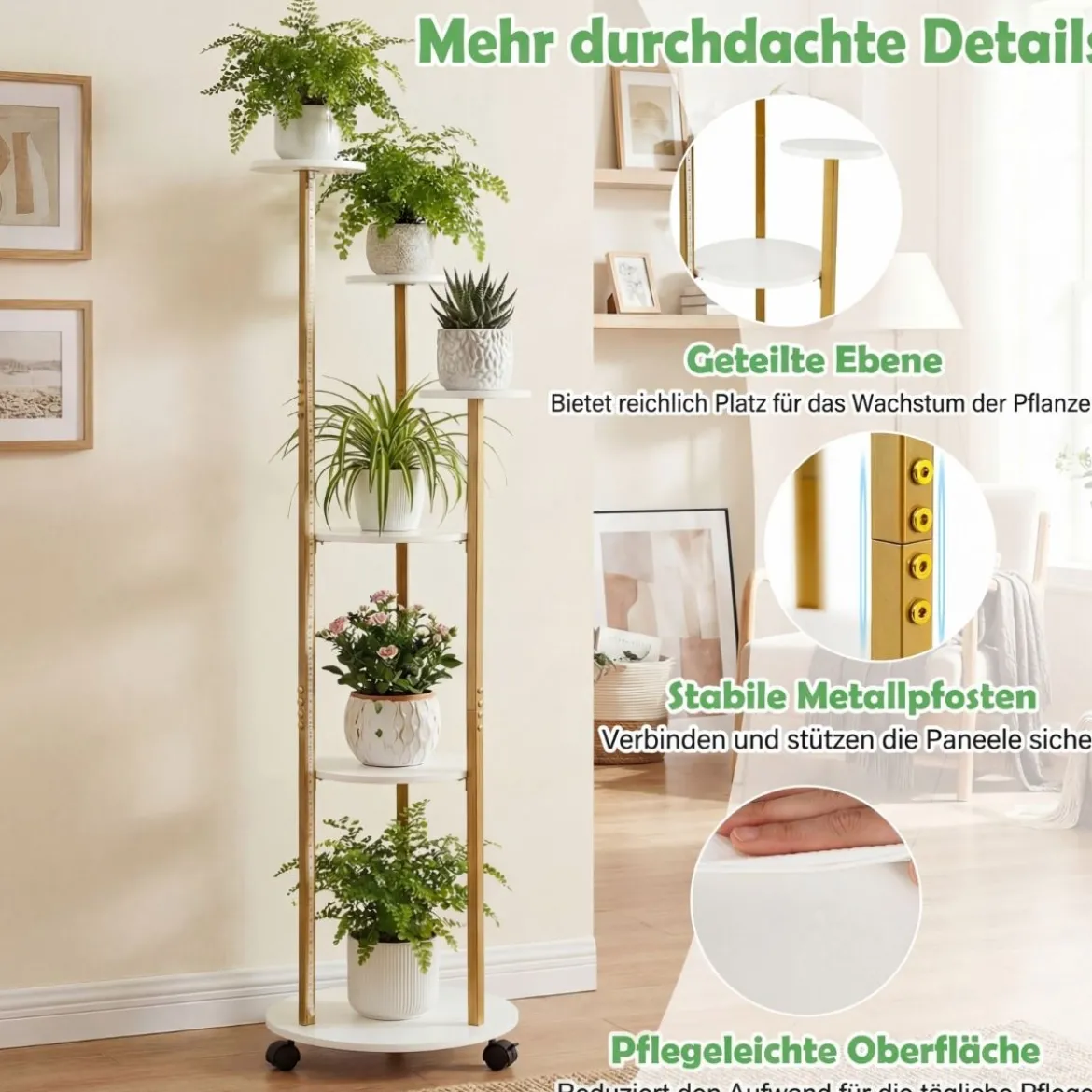 6-stufiges Pflanzenständer mit LED-Beleuchtung & Rollen Blumenständer Pflanzenregal Weiß + Gold