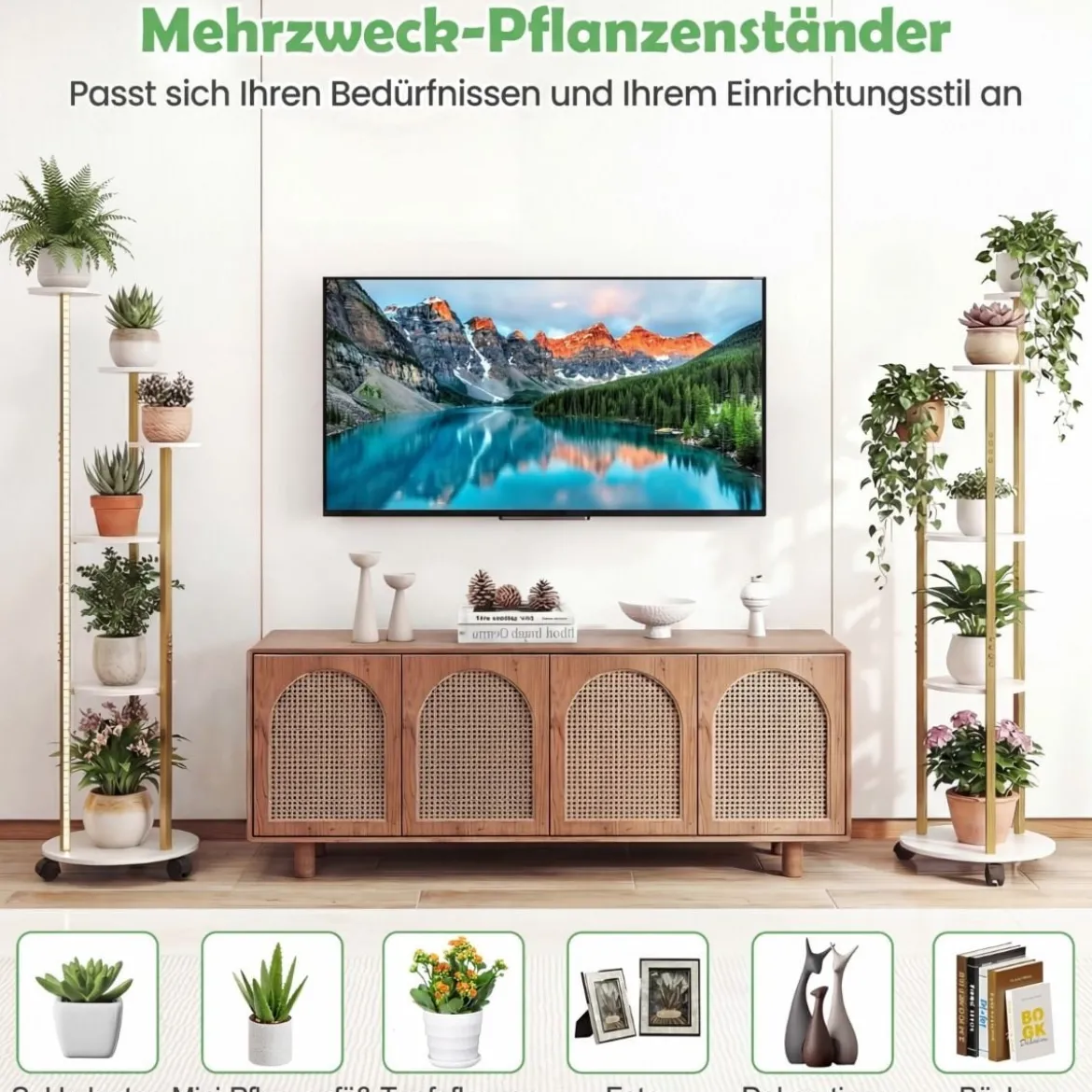 6-stufiges Pflanzenständer mit LED-Beleuchtung & Rollen Blumenständer Pflanzenregal Weiß + Gold