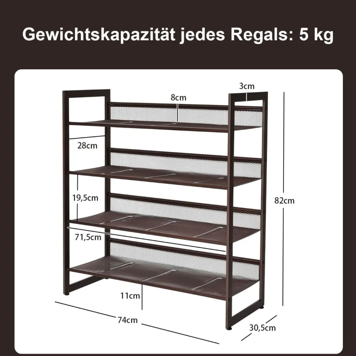 4 stufiges Schuhregal mit verstellbarem Regalböden stapelbar Lagerregal Schuhaufbewahrung 74 x 30,5 x 82 cm Braun