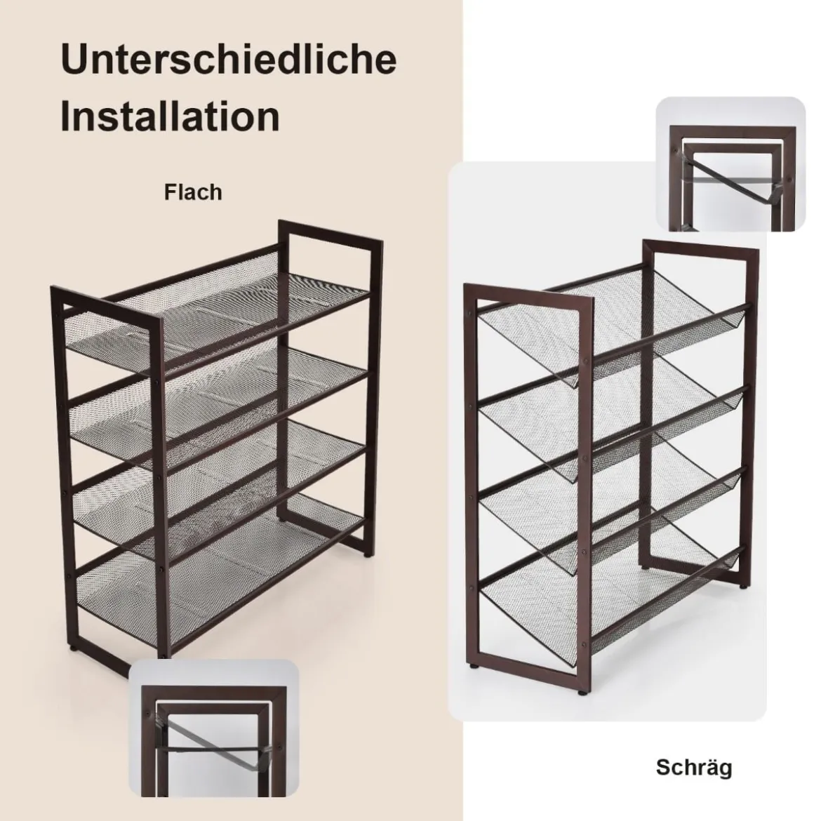 4 stufiges Schuhregal mit verstellbarem Regalböden stapelbar Lagerregal Schuhaufbewahrung 74 x 30,5 x 82 cm Braun
