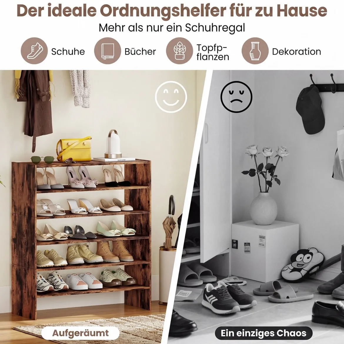 6-stufiges Schuhregal Stapelbarer Schuhorganizer Holzschuhregal mit Anti-Kipp-Vorrichtung