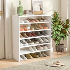 6-stufiges Schuhregal Stapelbarer Schuhorganizer Holzschuhregal mit Anti-Kipp-Vorrichtung
