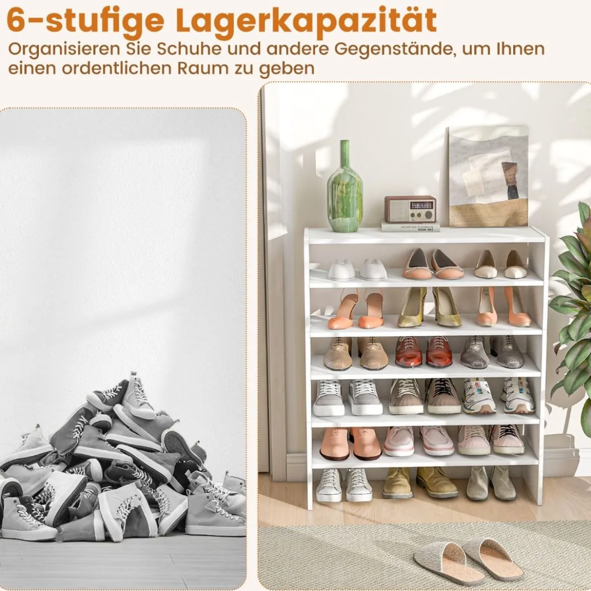 6-stufiges Schuhregal Stapelbarer Schuhorganizer Holzschuhregal mit Anti-Kipp-Vorrichtung