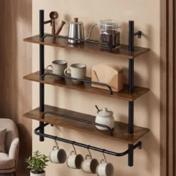 3-stufiges schwebendes Rohrregal Wandregal mit 4 S-förmigen Haken 80,5 x 24 x 97 cm ohne Beleuchtung