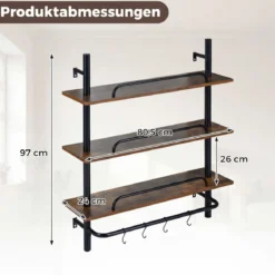3-stufiges schwebendes Rohrregal Wandregal mit 4 S-förmigen Haken 80,5 x 24 x 97 cm ohne Beleuchtung