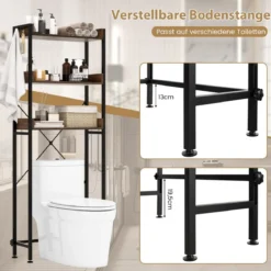 3-stufiges Toilettenregal mit 4 Haken & Verstellbaren Füßen Platzsparendes Badregal Braun