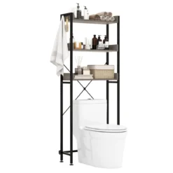 3-stufiges Toilettenregal mit 4 Haken & Verstellbaren Füßen Platzsparendes Badregal Grau