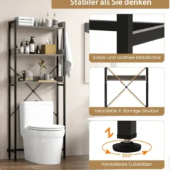 3-stufiges Toilettenregal mit 4 Haken & Verstellbaren Füßen Platzsparendes Badregal Grau