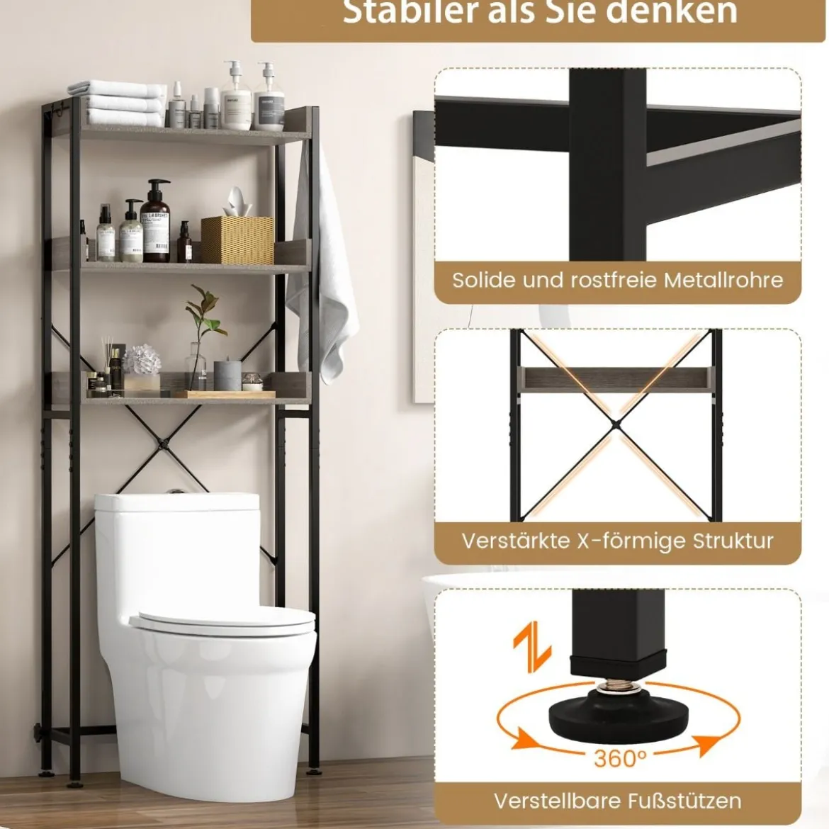3-stufiges Toilettenregal mit 4 Haken & Verstellbaren Füßen Platzsparendes Badregal Grau
