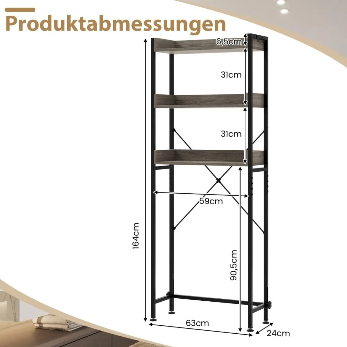 3-stufiges Toilettenregal mit 4 Haken & Verstellbaren Füßen Platzsparendes Badregal Grau