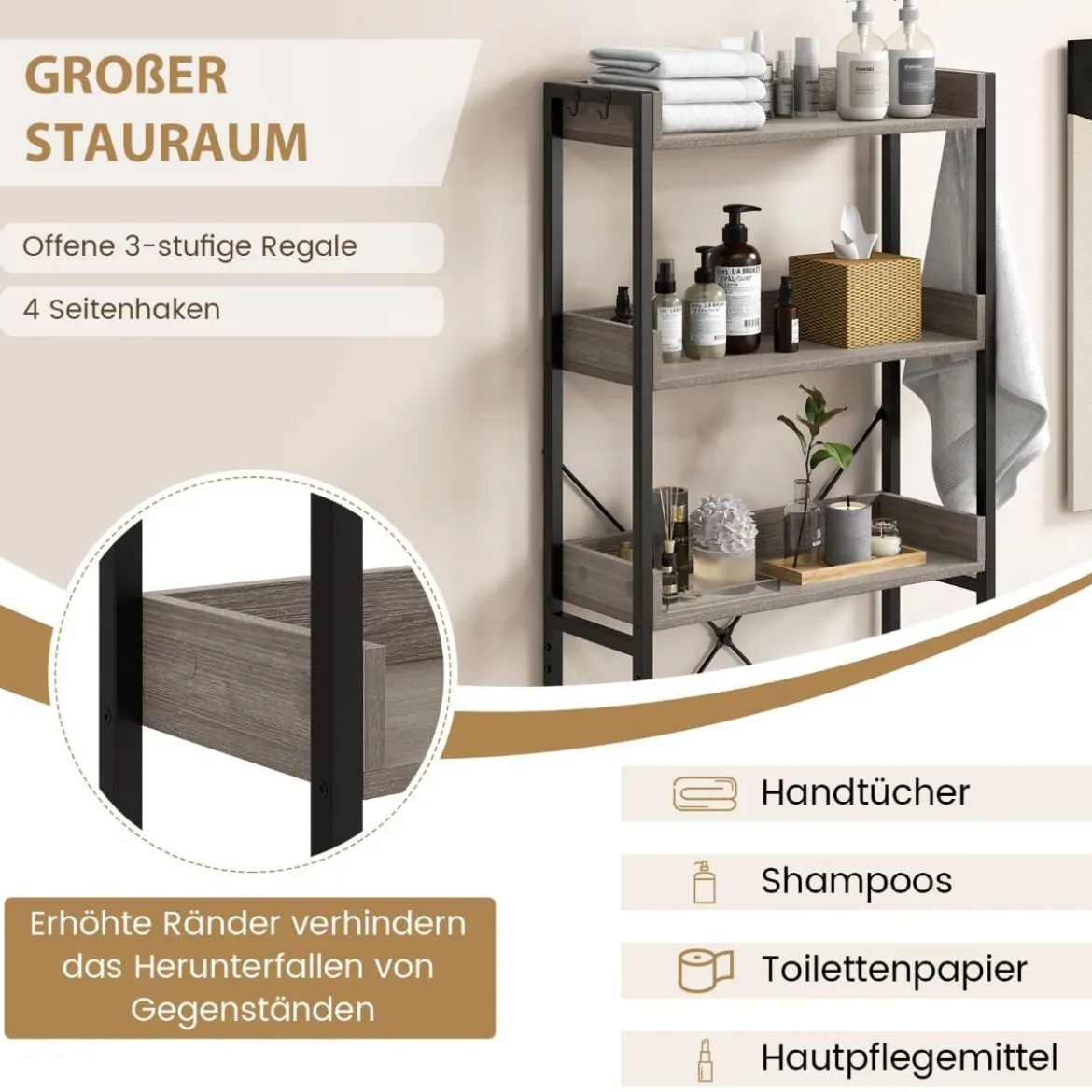 3-stufiges Toilettenregal mit 4 Haken & Verstellbaren Füßen Platzsparendes Badregal Grau