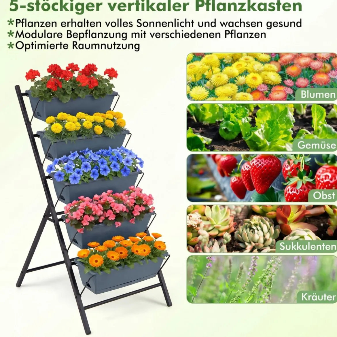 5-Stufiges Vertikale Hochbeet Pflanzenbeet mit 5 Herausnehmbaren Blumenkästen Schwarz/Rot
