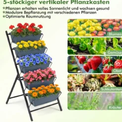 5-Stufiges Vertikale Hochbeet Pflanzenbeet mit 5 Herausnehmbaren Blumenkästen Schwarz/Rot