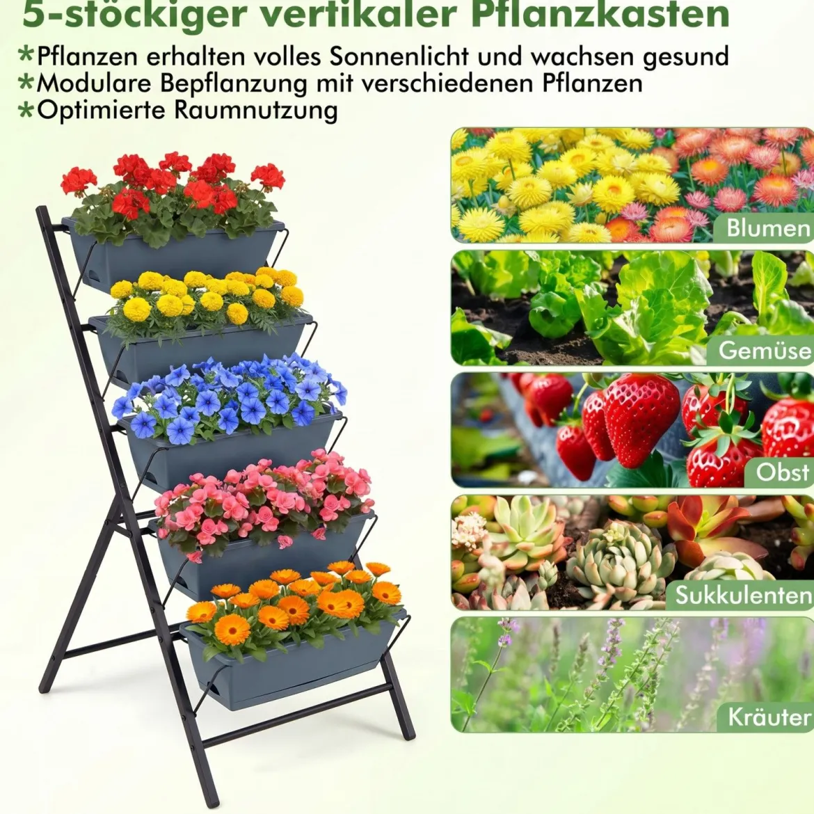 5-Stufiges Vertikale Hochbeet Pflanzenbeet mit 5 Herausnehmbaren Blumenkästen Schwarz/Rot