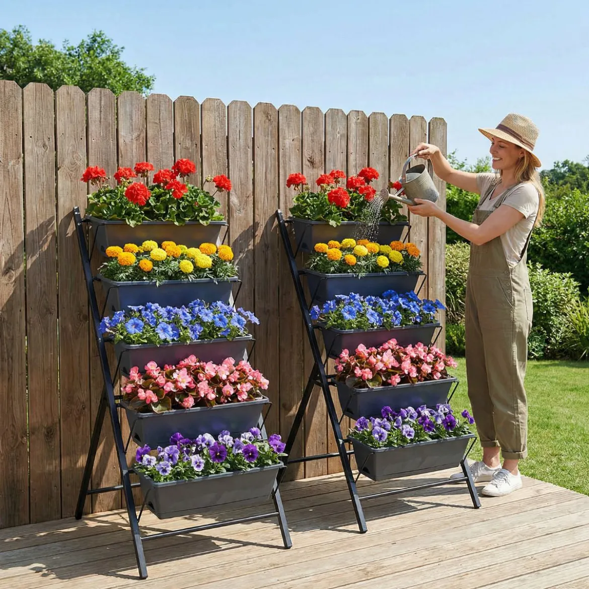 5-Stufiges Vertikale Hochbeet Pflanzenbeet mit 5 Herausnehmbaren Blumenkästen Schwarz/Rot