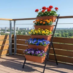 5-Stufiges Vertikale Hochbeet Pflanzenbeet mit 5 Herausnehmbaren Blumenkästen Schwarz/Rot