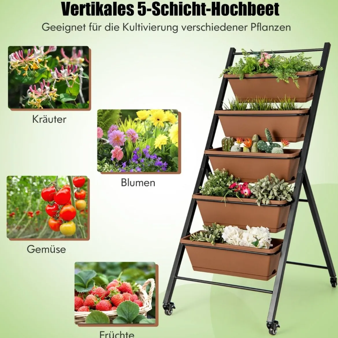 5-stufiges Vertikales Hochbeet mit Rädern & Entwässerungslöchern & Behälterkästen Braun