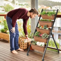 5-stufiges Vertikales Hochbeet mit Rädern & Entwässerungslöchern & Behälterkästen Braun