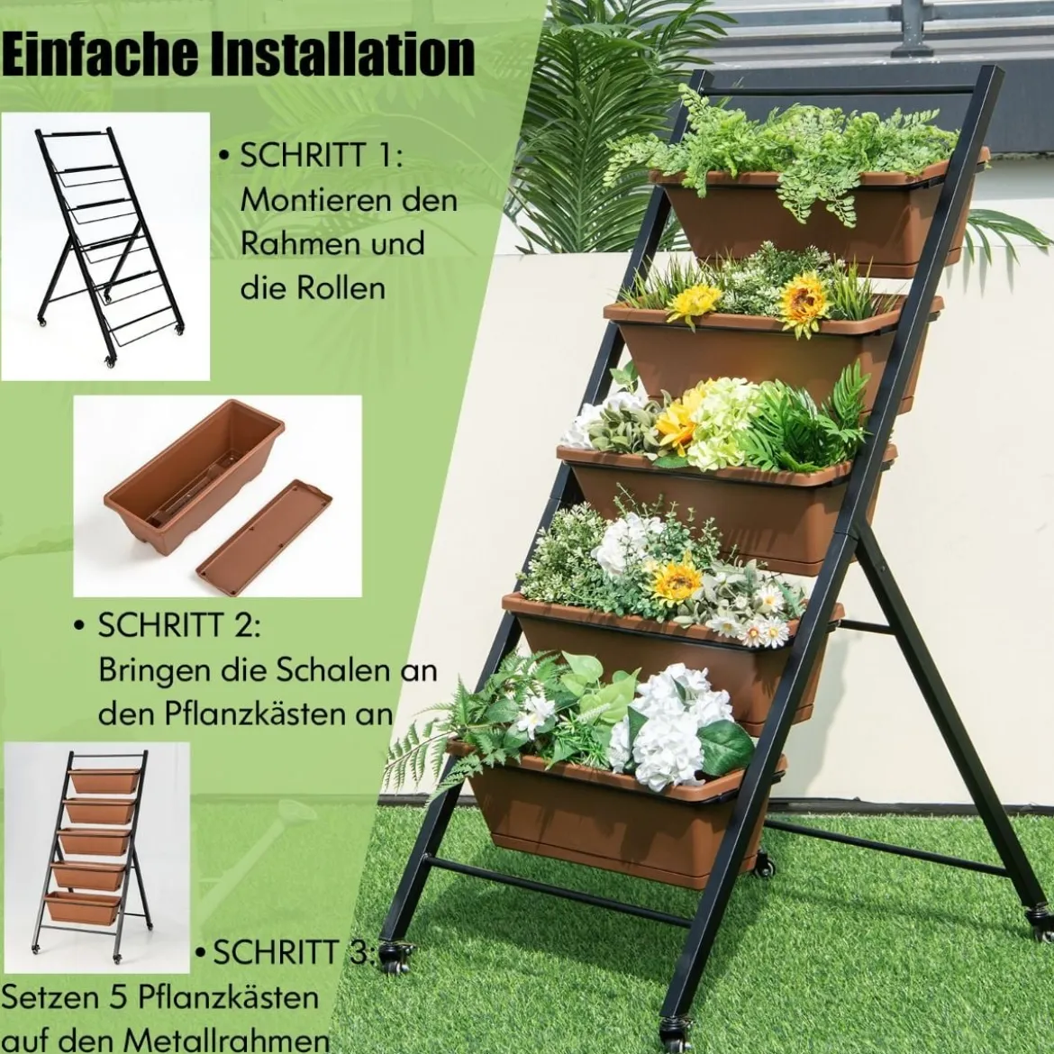 5-stufiges Vertikales Hochbeet mit Rädern & Entwässerungslöchern & Behälterkästen Braun