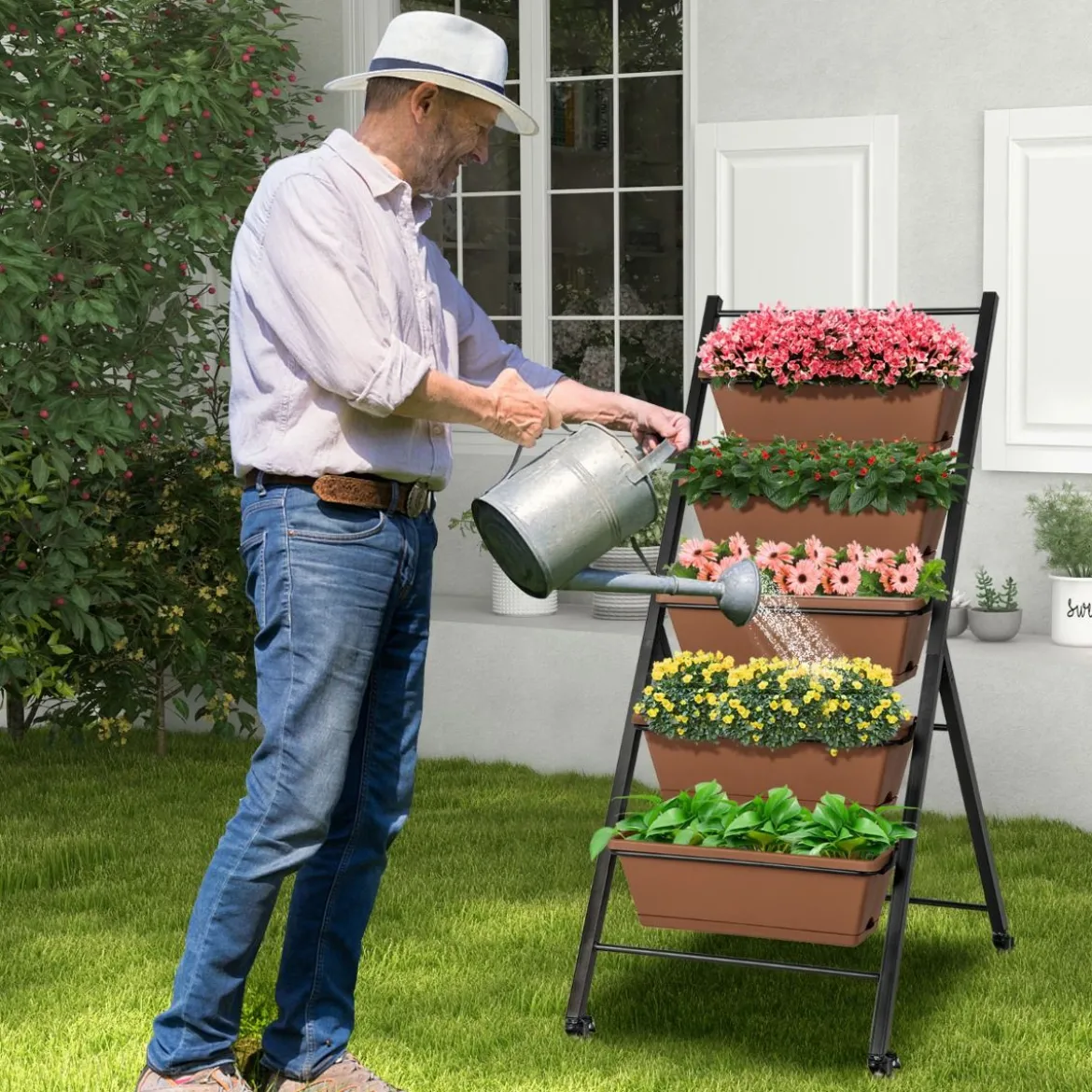 5-stufiges Vertikales Hochbeet mit Rädern & Entwässerungslöchern & Behälterkästen Braun