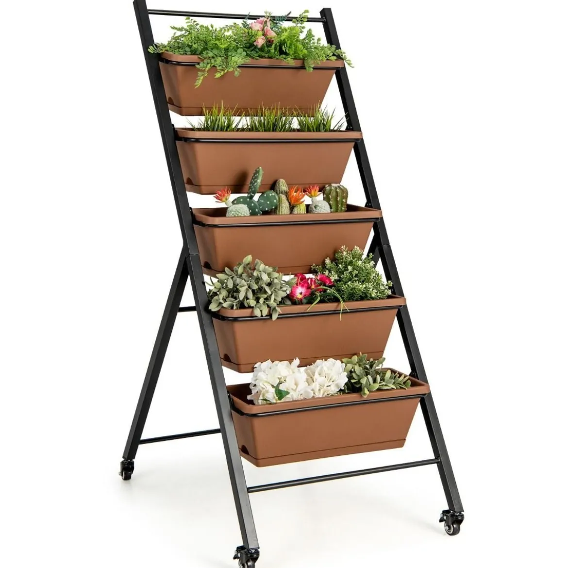 5-stufiges Vertikales Hochbeet mit Rädern & Entwässerungslöchern & Behälterkästen Braun