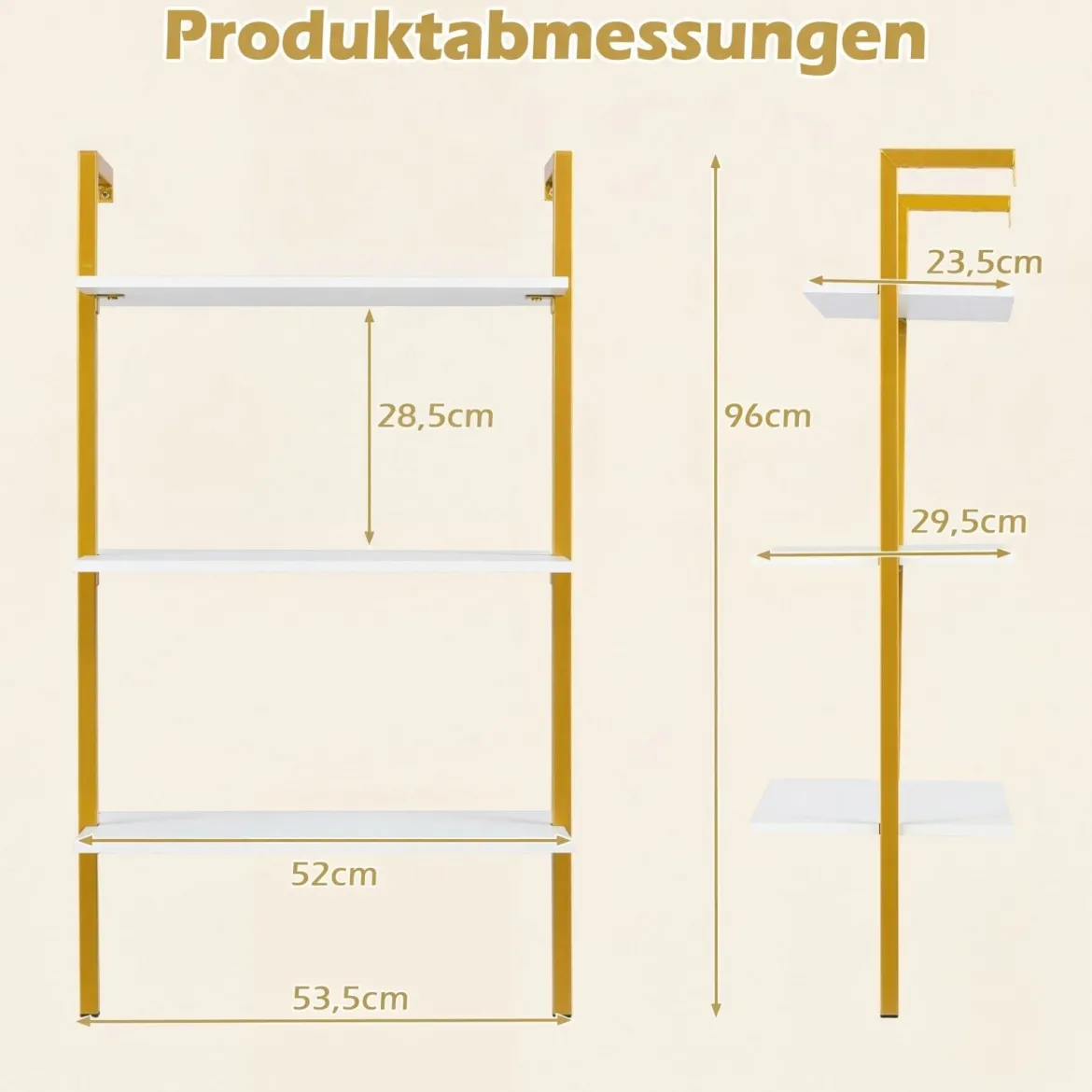 3-stufiges Wandregal mit Metallrahmen Hängeregal Wandmontiertes Bücherregal Weiß