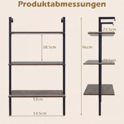 3-stufiges Wandregal mit Metallrahmen Hängeregal Wandmontiertes Bücherregal Braun