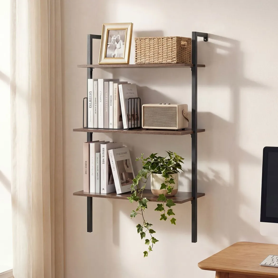 3-stufiges Wandregal mit Metallrahmen Hängeregal Wandmontiertes Bücherregal Braun