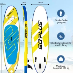 SUP Board Aufblasbares Stand Up Paddle Board mit breite Fläche 305 x 76 x 15 cm Blau + Gelb + Weiß