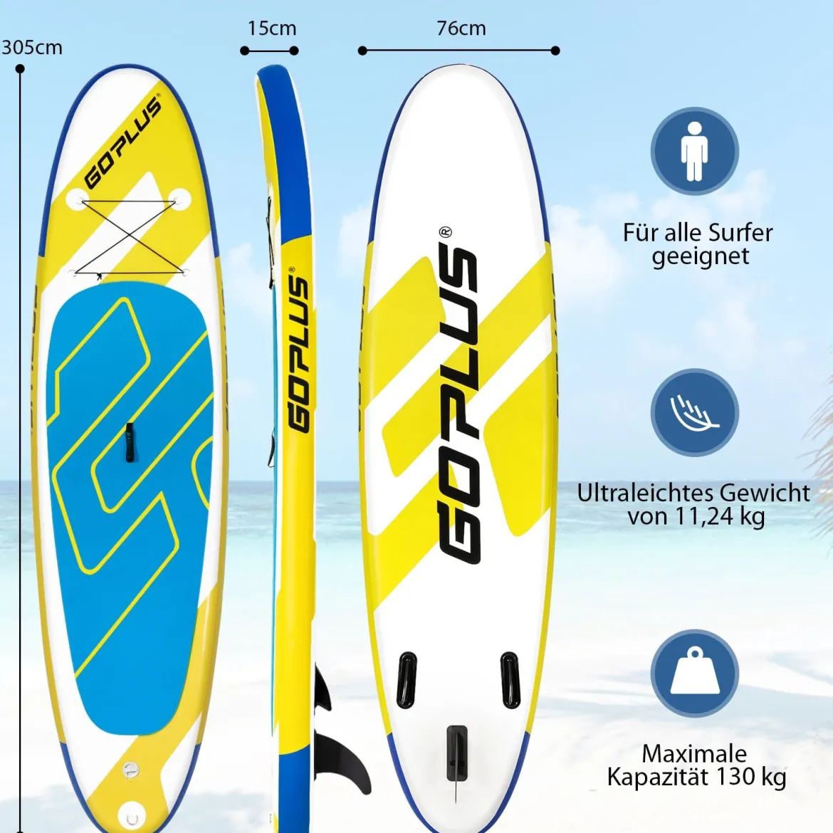 SUP Board Aufblasbares Stand Up Paddle Board mit breite Fläche 305 x 76 x 15 cm Blau + Gelb + Weiß