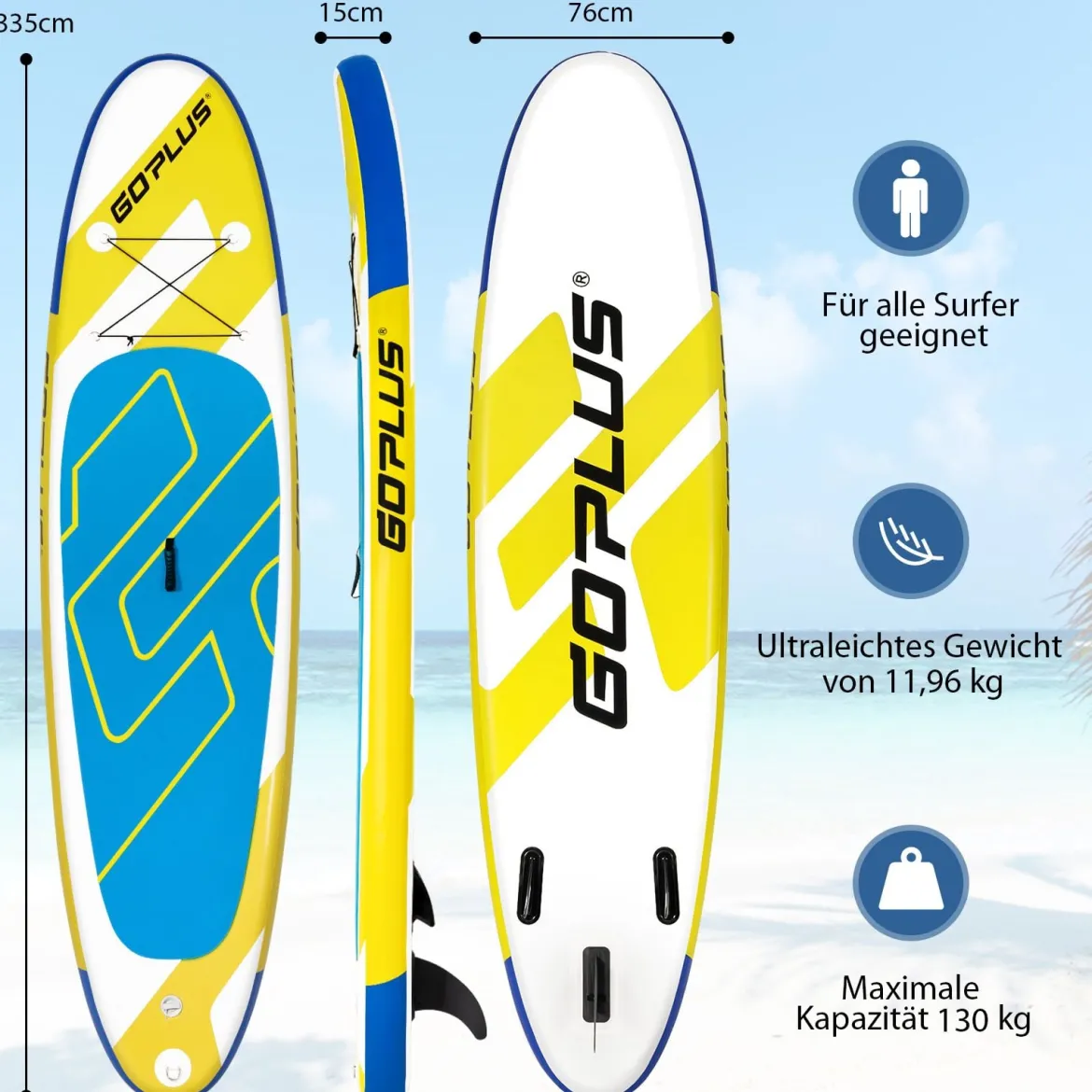 SUP Board Aufblasbares Stand Up Paddle Board Leichtes Board 335 x 76 x 15 cm Blau + Gelb + Weiß
