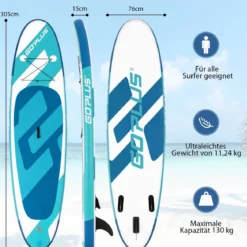 SUP Board zum Stehen Paddeln und Surfen Aufblasbares Stand Up Board 305 x 76 x 15 cm Blau + Weiß