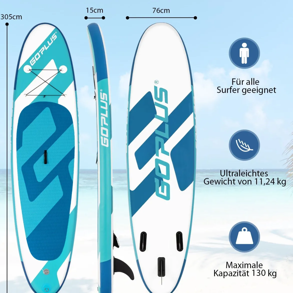 SUP Board zum Stehen Paddeln und Surfen Aufblasbares Stand Up Board 305 x 76 x 15 cm Blau + Weiß