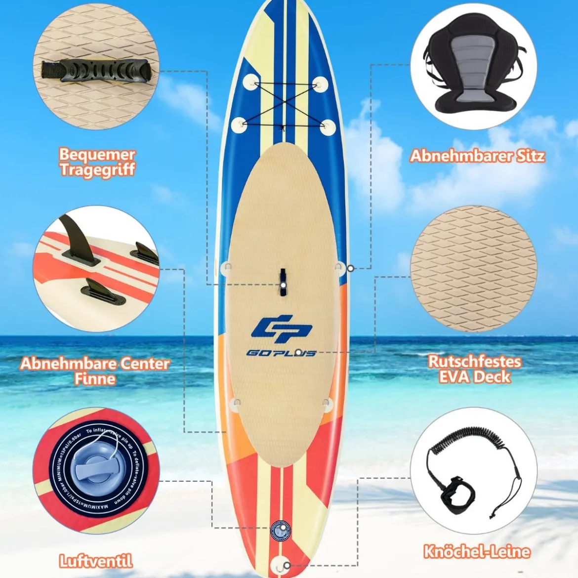 SUP mit Zubehör verstellbarem Pedal 9 D-Ringen Rucksack Handpumpe & Leine Stand up Paddle Board Orange