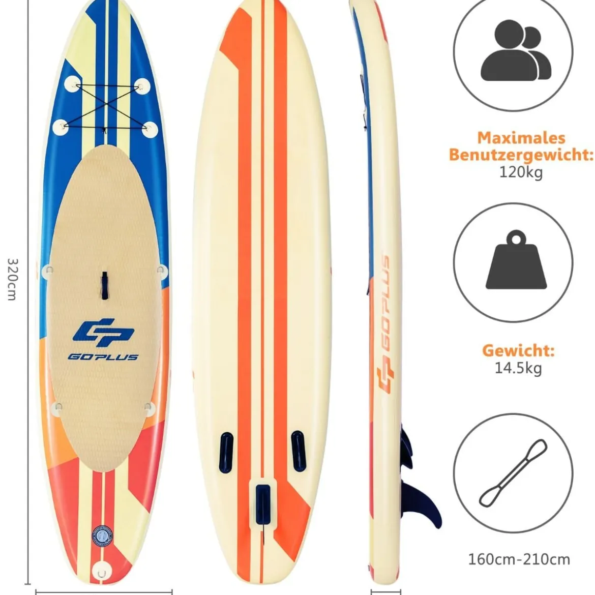 SUP mit Zubehör verstellbarem Pedal 9 D-Ringen Rucksack Handpumpe & Leine Stand up Paddle Board Orange