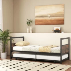 Tagesbett ausziehbar Ausziehbett 90 x 200 cm Gästebett mit Lattenrost Bettgestell für Schlafzimmer bis 220 kg belastbar