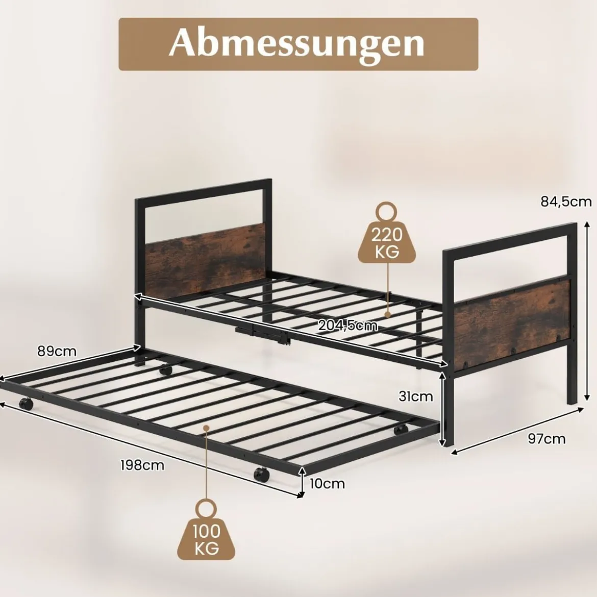 Tagesbett ausziehbar Ausziehbett 90 x 200 cm Gästebett mit Lattenrost Bettgestell für Schlafzimmer bis 220 kg belastbar