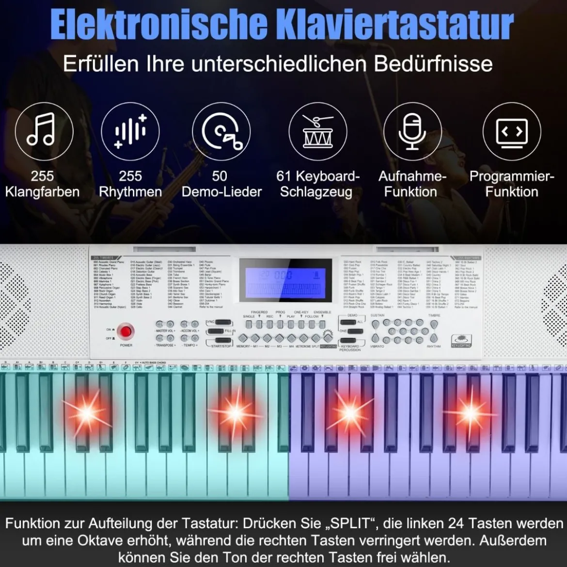 61 Tastatur Elektroklavier Digitale Keyboard Tragbar 83 x 27,5 x 9 cm Weiß