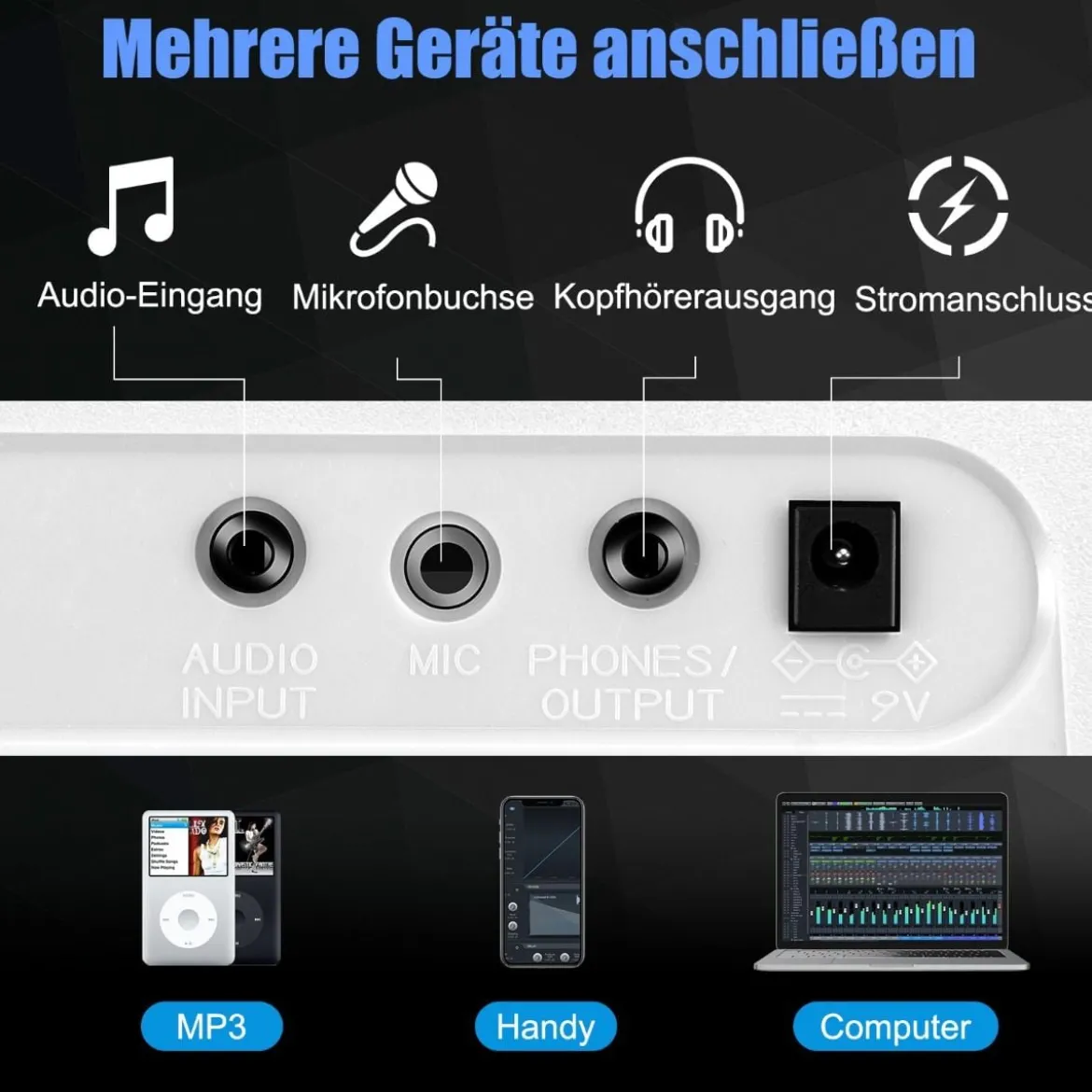 61 Tastatur Elektroklavier Digitale Keyboard Tragbar 83 x 27,5 x 9 cm Weiß