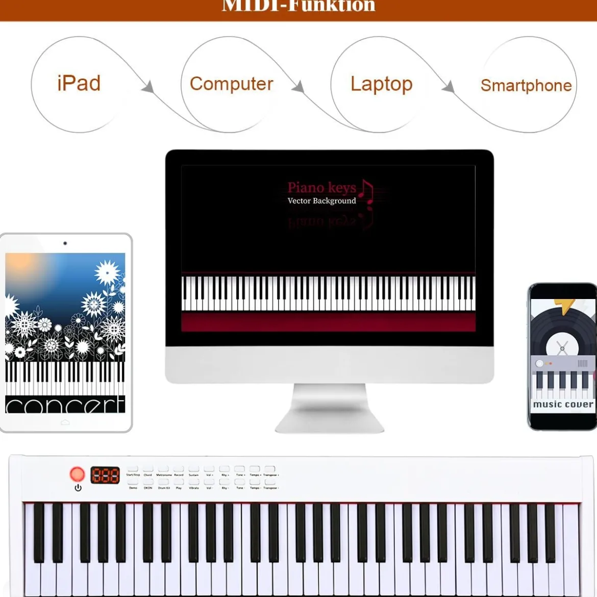 61-Tasten digitale Keyboard elektrisches Klavier mit Tragetasche 90 x 21 x 6 cm Weiß