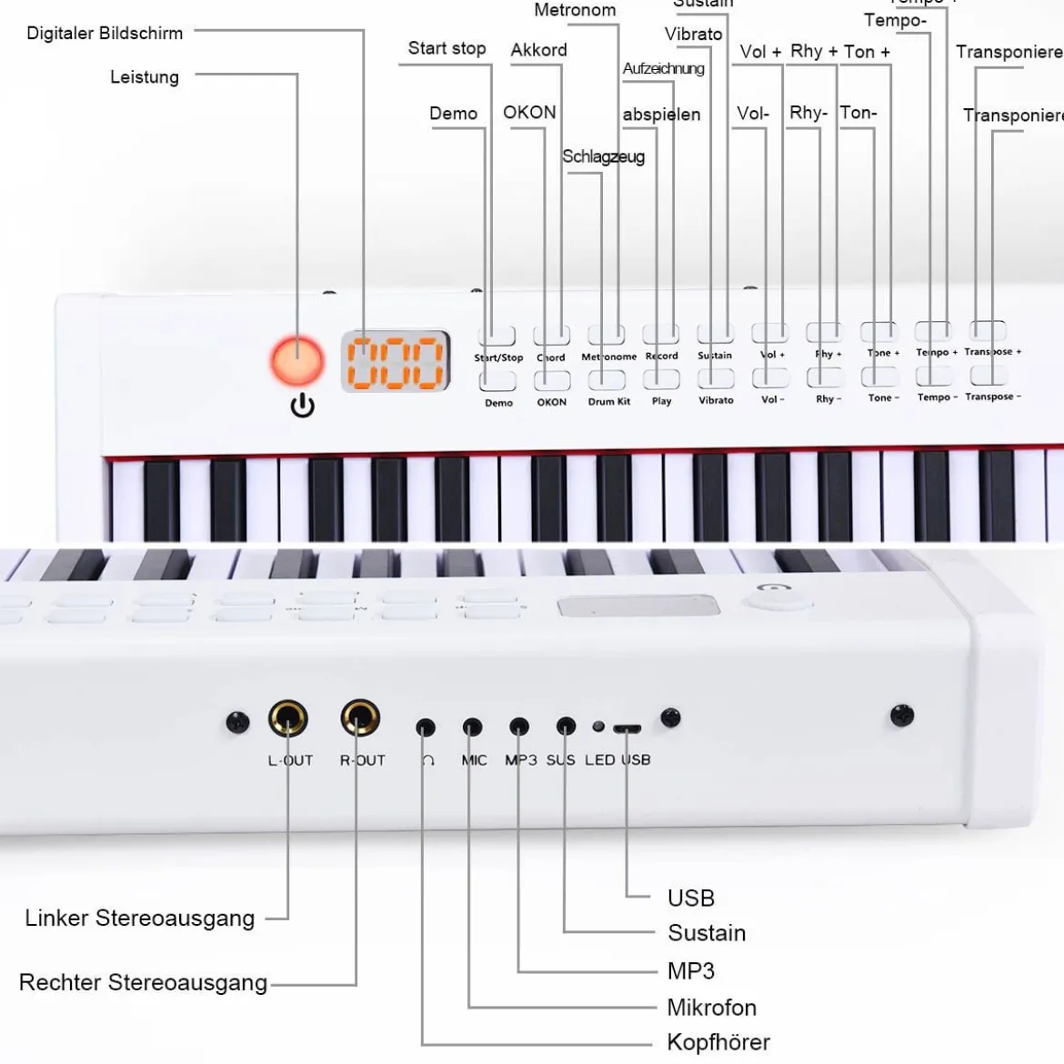 61-Tasten digitale Keyboard elektrisches Klavier mit Tragetasche 90 x 21 x 6 cm Weiß