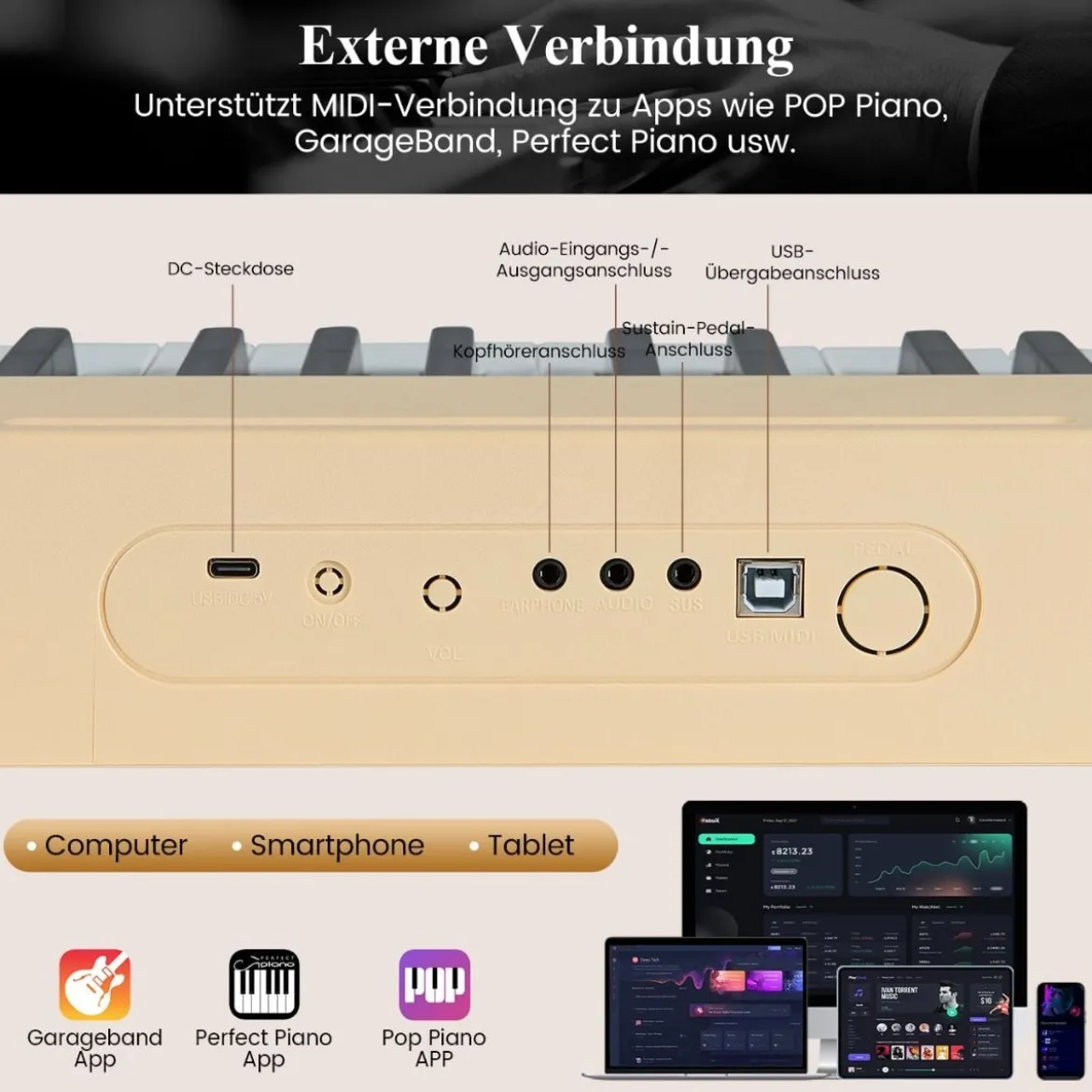 88 Tasten Digitales Klavier tragbares Vollformat Elektrisches Keyboard Schwarz/Hellbraun/Weiß