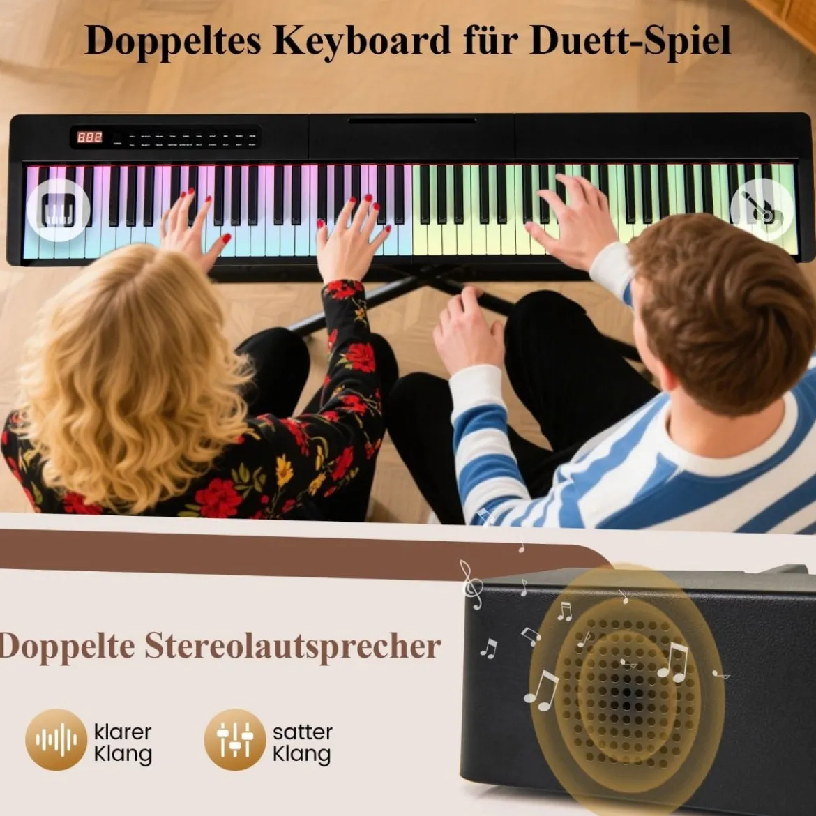 88 Tasten Digitales Klavier tragbares Vollformat Elektrisches Keyboard Schwarz/Hellbraun/Weiß