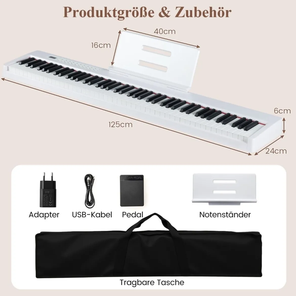 88 Tasten Digitales Klavier tragbares Vollformat Elektrisches Keyboard Schwarz/Hellbraun/Weiß