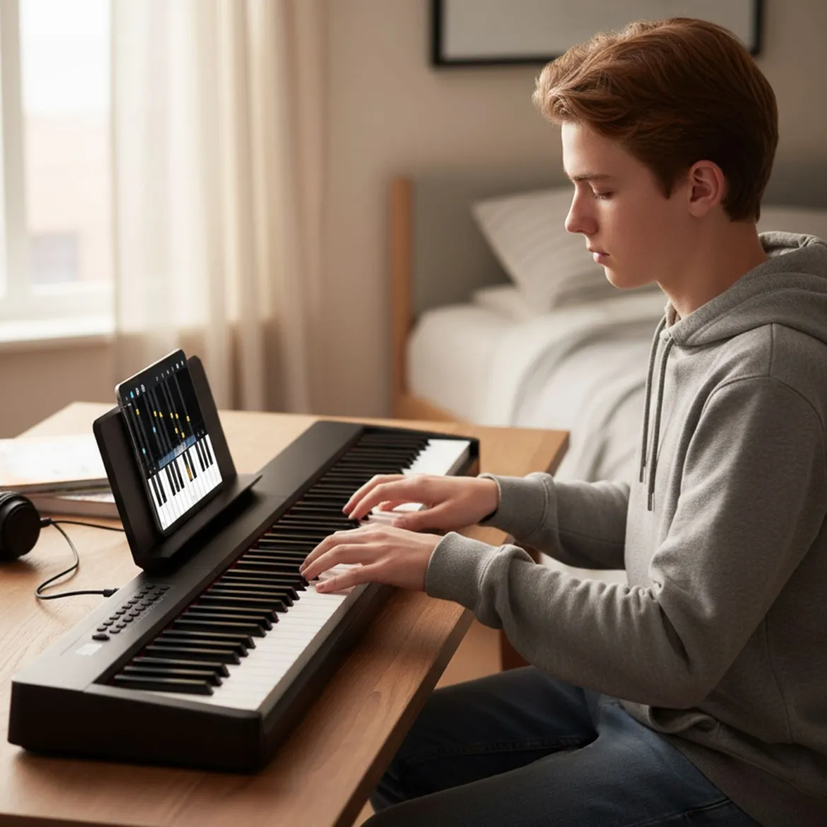 88 Tasten Digitales Klavier tragbares Vollformat Elektrisches Keyboard Schwarz/Hellbraun/Weiß