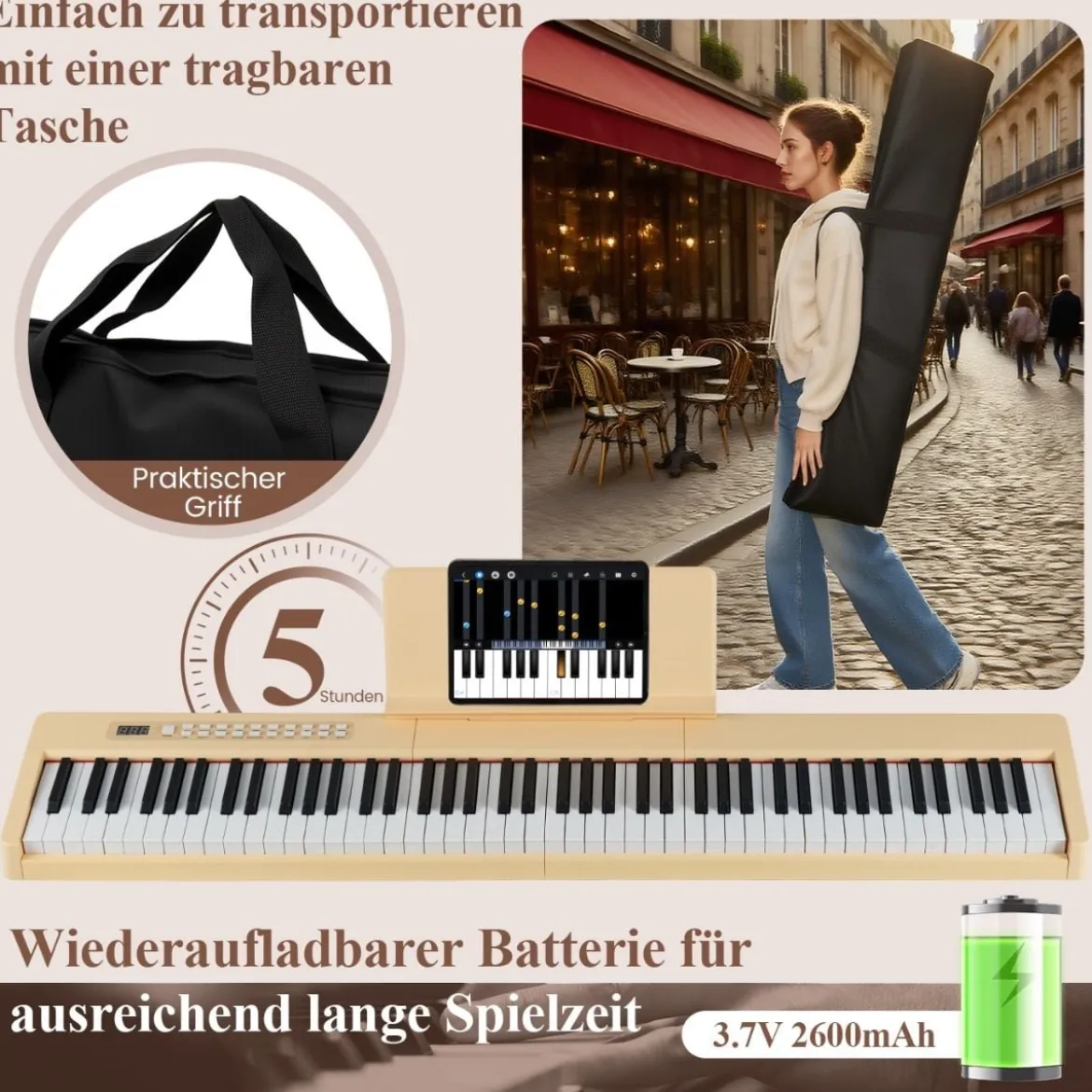 88 Tasten Digitales Klavier tragbares Vollformat Elektrisches Keyboard Schwarz/Hellbraun/Weiß
