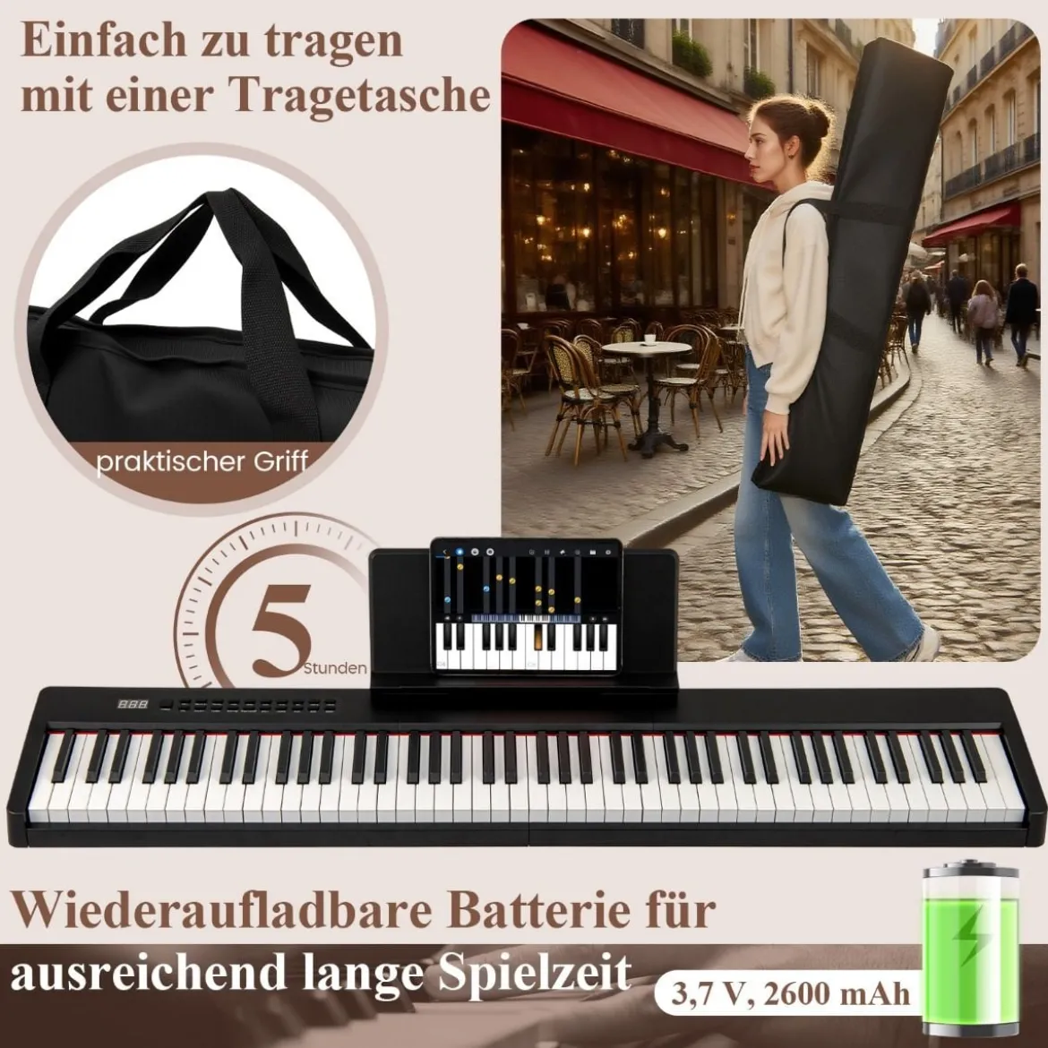 88 Tasten Digitales Klavier tragbares Vollformat Elektrisches Keyboard Schwarz/Hellbraun/Weiß