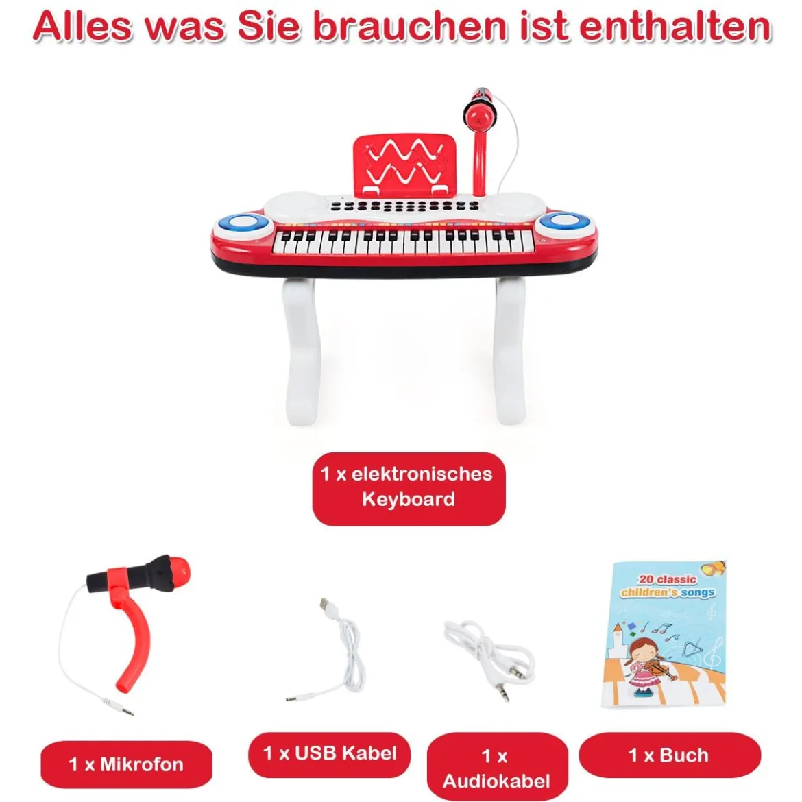 37 Tasten Digital-Piano für Kinder Tragbares Klavier Spielzeug 48 x 20 x 38 cm Rot