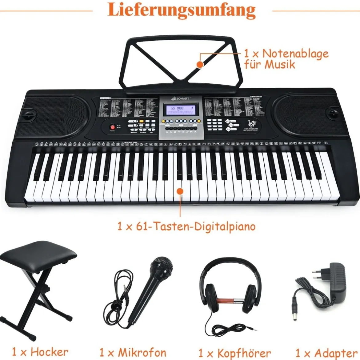61-Tasten-Elektroklavier tragbares Musikinstrument Digitale Keyboard Schwarz + Weiß